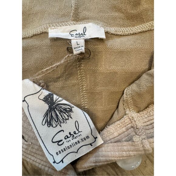 Easel Women's Puffed Textured Hacci Knit Hooded Pullover Top Khaki Large NWT - Picture 5 of 7